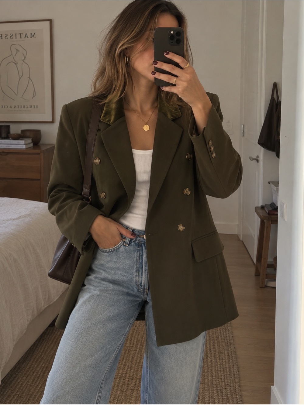 Jones New York Vintage Olive Green Double Breasted Blazer Velvet Collar Size 10